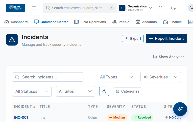 IraForce incident management view